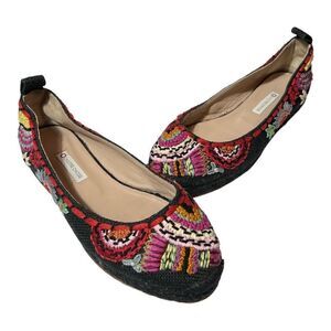 L’autre Chose Hand Embroidered Black Floral Espadrilles Flats